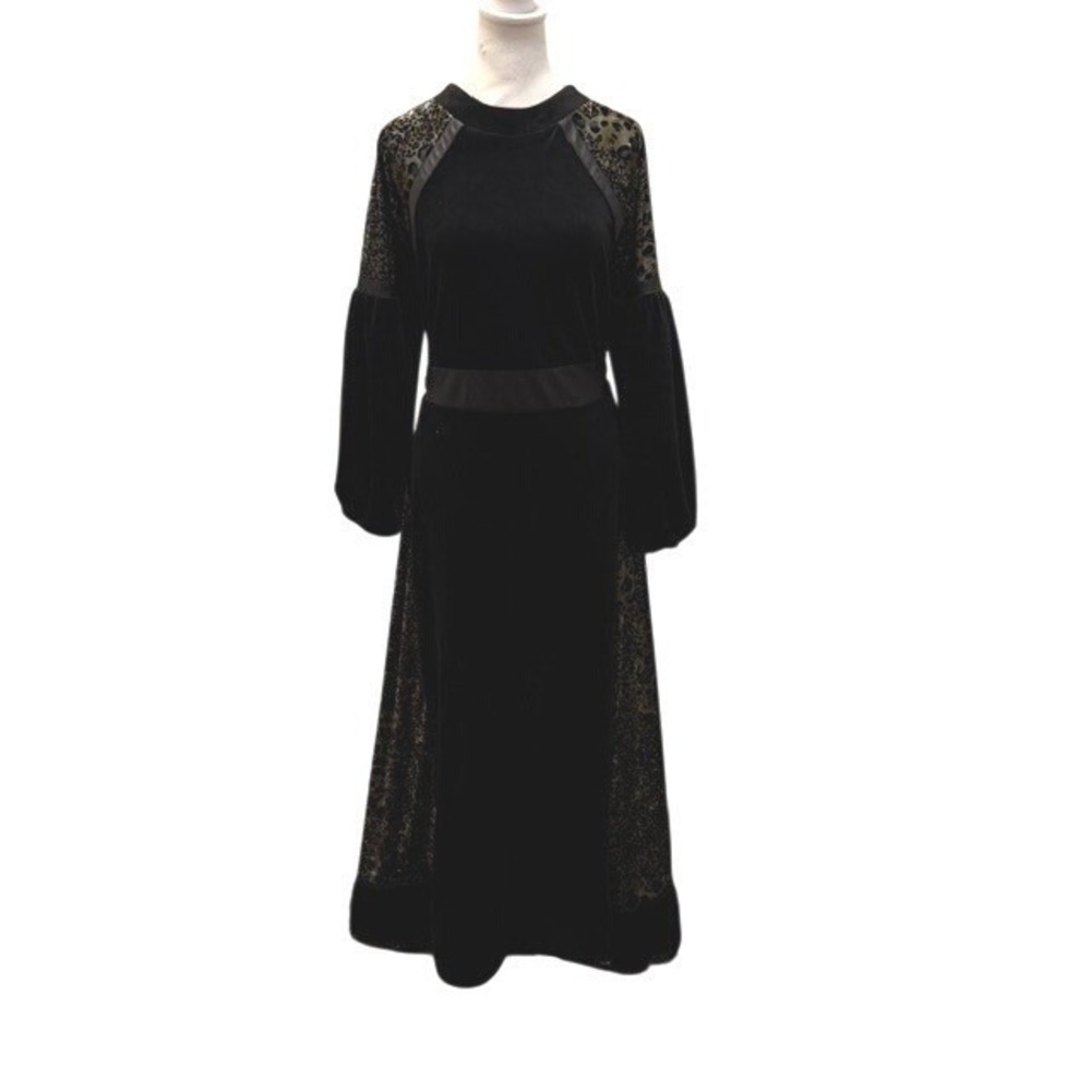 Gothic Black Velvet Maxi Dress Leopard Panels Fringe Renaissance Boho Womens SM - Picture 3 of 13